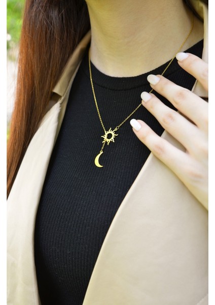 Kadın 925 Ayar Gümüş Altın Iç Içe Güneş Ay Kolye