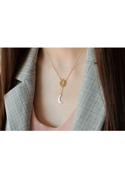 Kadın 925 Ayar Gümüş Altın Iç Içe Güneş Ay Kolye fiyatları