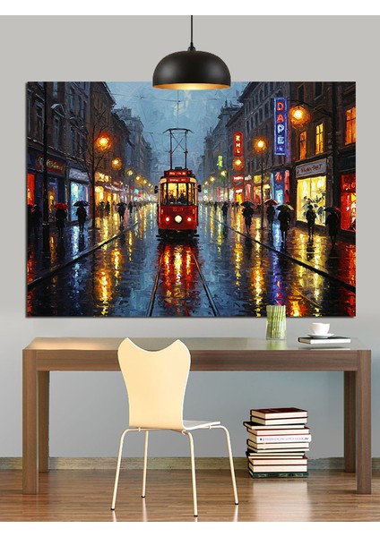 Yağmurlu Şehir Sokağı Tramvay Dekoratif Kanvas - Mdf Ahşap Tablo fiyatları