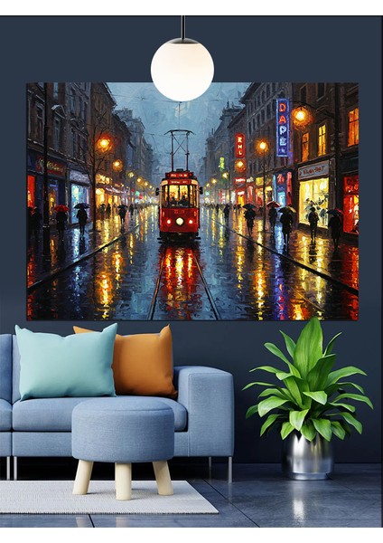 Yağmurlu Şehir Sokağı Tramvay Dekoratif Kanvas - Mdf Ahşap Tablo modelleri