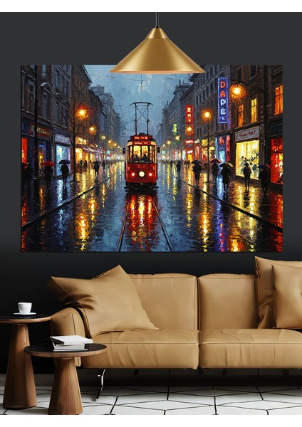 Yağmurlu Şehir Sokağı Tramvay Dekoratif Kanvas - Mdf Ahşap Tablo fırsatları