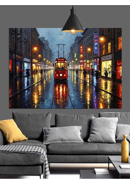 Yağmurlu Şehir Sokağı Tramvay Dekoratif Kanvas - Mdf Ahşap Tablo indirimleri