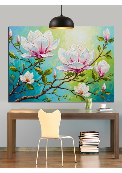 Manolya Ağacı Pembe Çiçekler Dekoratif Kanvas - Mdf Ahşap Tablo