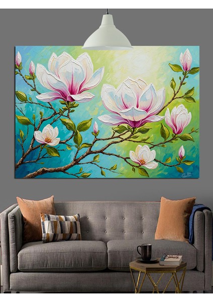 Manolya Ağacı Pembe Çiçekler Dekoratif Kanvas - Mdf Ahşap Tablo indirimleri