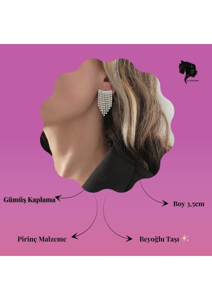 Sallantılı Minimal Beyoğlu Taşlı Gümüş Renk Küpe