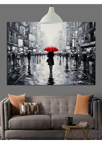 Kasvetli Bir Şehirde Kırmızı Şemsiyeli Kadın Dekoratif Kanvas - Mdf Ahşap Tablo