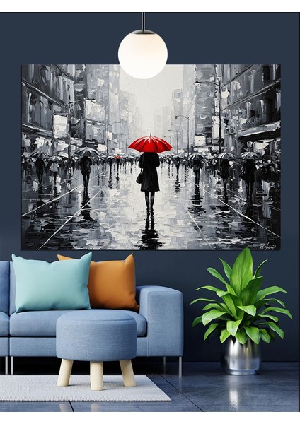 Kasvetli Bir Şehirde Kırmızı Şemsiyeli Kadın Dekoratif Kanvas - Mdf Ahşap Tablo modelleri