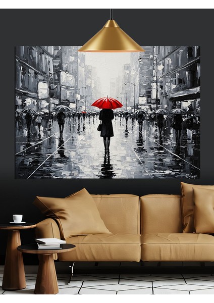 Kasvetli Bir Şehirde Kırmızı Şemsiyeli Kadın Dekoratif Kanvas - Mdf Ahşap Tablo fırsatları