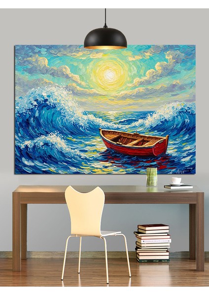 Denizde Tekne Dalga Manzarası Dekoratif Kanvas - Mdf Ahşap Tablo
