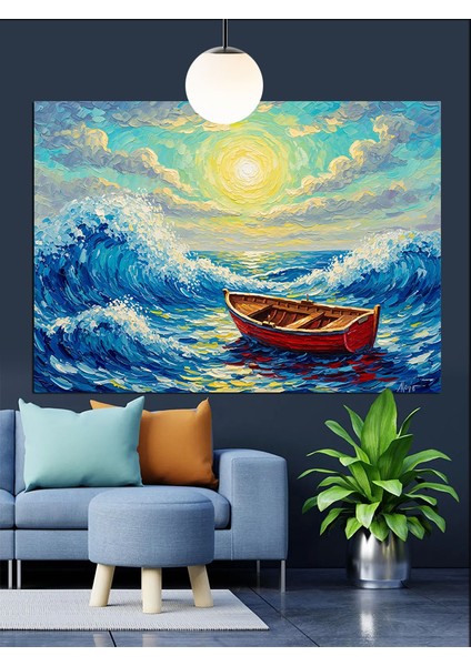 Denizde Tekne Dalga Manzarası Dekoratif Kanvas - Mdf Ahşap Tablo fiyatları