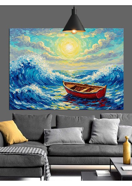 Denizde Tekne Dalga Manzarası Dekoratif Kanvas - Mdf Ahşap Tablo fırsatları