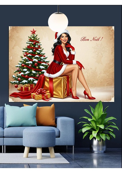 Noel Baba Elbiseli Seksi Kadın Dekoratif Kanvas - Mdf Ahşap Tablo