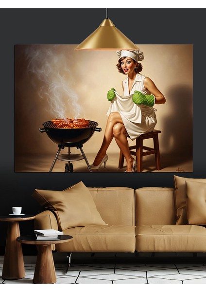 Barbekü Izgarada Kadın Yemek Yapıyor Dekoratif Kanvas - Mdf Ahşap Tablo fiyatları