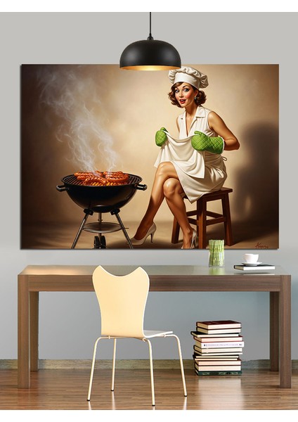 Barbekü Izgarada Kadın Yemek Yapıyor Dekoratif Kanvas - Mdf Ahşap Tablo indirimleri