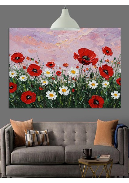 Kırmızı Gelincik Çiçek Tarlası Dekoratif Kanvas - Mdf Ahşap Tablo fiyatları