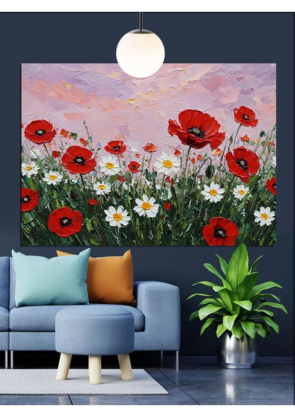 Kırmızı Gelincik Çiçek Tarlası Dekoratif Kanvas - Mdf Ahşap Tablo fırsatları