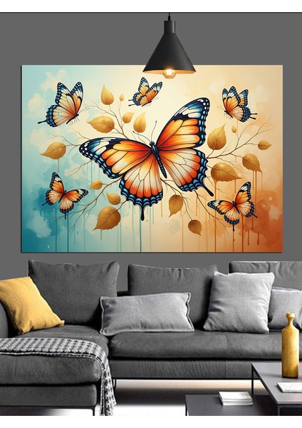 Kelebekler Uçuyor Turuncu Kanatlar Dekoratif Kanvas - Mdf Ahşap Tablo