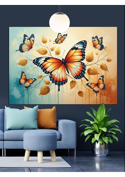 Kelebekler Uçuyor Turuncu Kanatlar Dekoratif Kanvas - Mdf Ahşap Tablo fırsatları