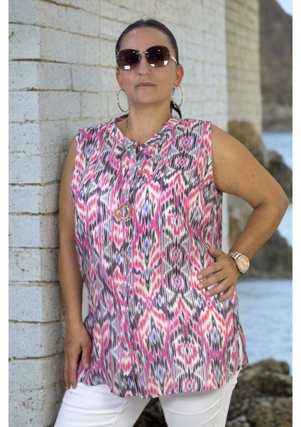 Organik Italyan Ince Keten Hakim Yaka Japone Kol(Kolsuz) Desenli Büyük Beden Gömlek