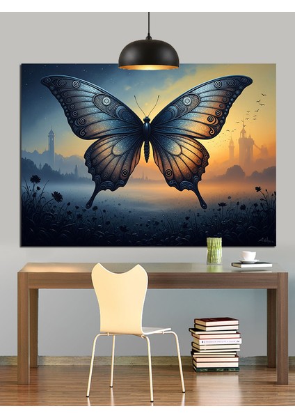 Mavi Kelebek Uçuş Detayı Dekoratif Kanvas - Mdf Ahşap Tablo