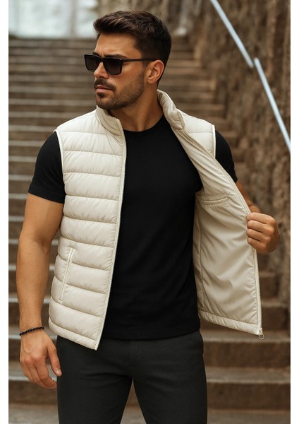 Erkek Cepli Kışlık Fermuarlı Basic Krem Şişme Yelek