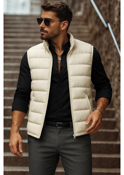 Erkek Cepli Kışlık Fermuarlı Basic Krem Şişme Yelek fiyatları