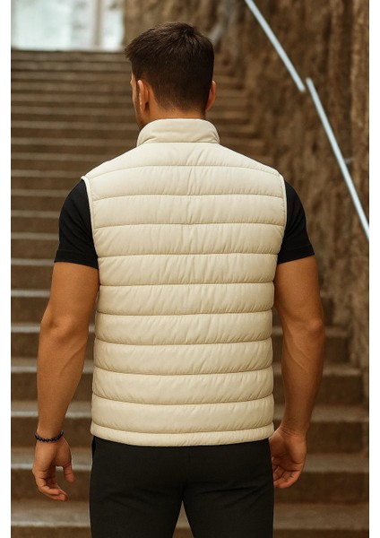 Erkek Cepli Kışlık Fermuarlı Basic Krem Şişme Yelek