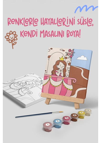 Prenses Temalı Çocuk Şövale Tuval Boyama Seti | Ahşap Şövale+Tuval+6 Renk Akrilik Boya+Fırça