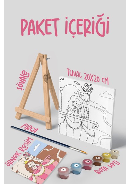 Prenses Temalı Çocuk Şövale Tuval Boyama Seti | Ahşap Şövale+Tuval+6 Renk Akrilik Boya+Fırça modelleri