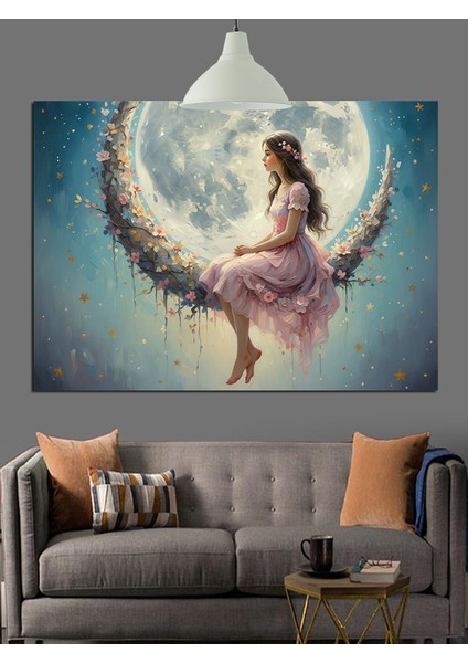 Dolunay ve Çiçek Elbiseli Kadın Dekoratif Kanvas - Mdf Ahşap Tablo