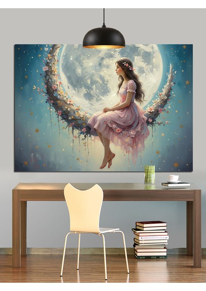 Dolunay ve Çiçek Elbiseli Kadın Dekoratif Kanvas - Mdf Ahşap Tablo fiyatları