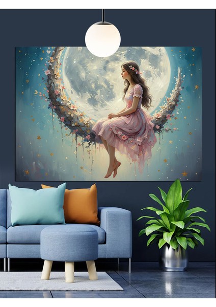 Dolunay ve Çiçek Elbiseli Kadın Dekoratif Kanvas - Mdf Ahşap Tablo modelleri