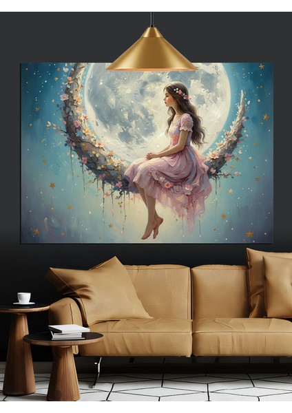 Dolunay ve Çiçek Elbiseli Kadın Dekoratif Kanvas - Mdf Ahşap Tablo fırsatları