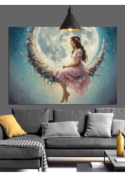 Dolunay ve Çiçek Elbiseli Kadın Dekoratif Kanvas - Mdf Ahşap Tablo indirimleri