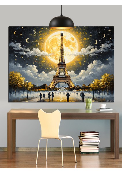 Eyfel Kulesi Dolunay Romantik Dekoratif Kanvas - Mdf Ahşap Tablo