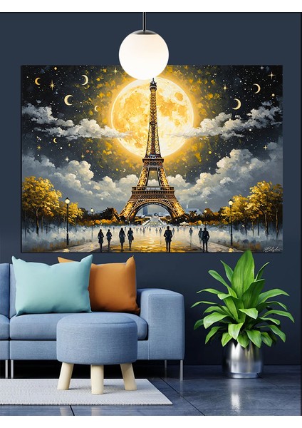 Eyfel Kulesi Dolunay Romantik Dekoratif Kanvas - Mdf Ahşap Tablo fiyatları