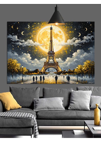 Eyfel Kulesi Dolunay Romantik Dekoratif Kanvas - Mdf Ahşap Tablo fırsatları