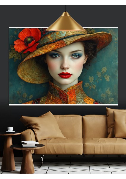 Şapkalı Kadın Çiçekli Portre Dekoratif Kanvas - Mdf Ahşap Tablo fiyatları