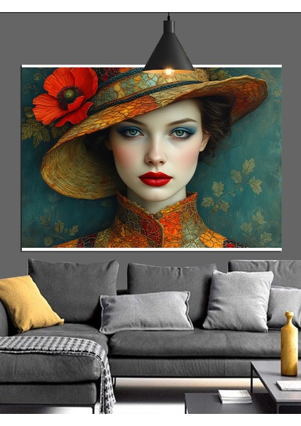 Şapkalı Kadın Çiçekli Portre Dekoratif Kanvas - Mdf Ahşap Tablo modelleri