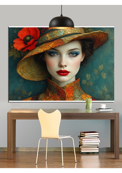 Şapkalı Kadın Çiçekli Portre Dekoratif Kanvas - Mdf Ahşap Tablo indirimleri