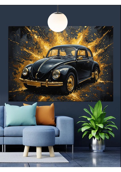 Siyah Klasik Araba Şehir Dekoratif Kanvas - Mdf Ahşap Tablo