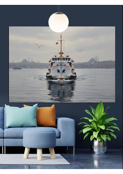 Denizde Gemi Yüzen Tekne Dekoratif Kanvas - Mdf Ahşap Tablo