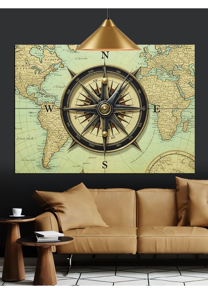Pusula Harita Retro Desen Dekoratif Kanvas - Mdf Ahşap Tablo