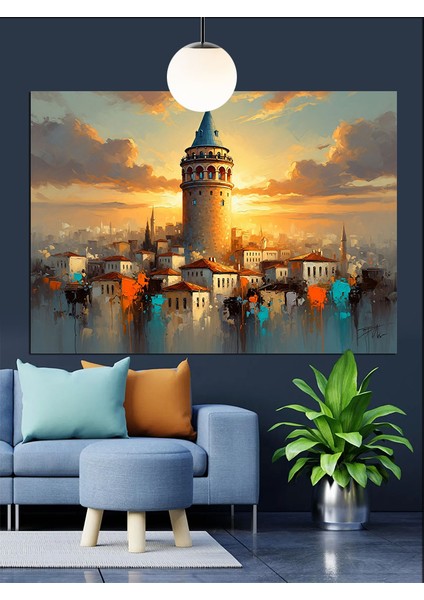 Galata Kulesi Etrafında Evler Dekoratif Kanvas - Mdf Ahşap Tablo