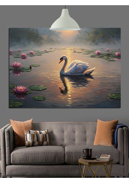 Gölde Yüzen Beyaz Kuğu Dekoratif Kanvas - Mdf Ahşap Tablo