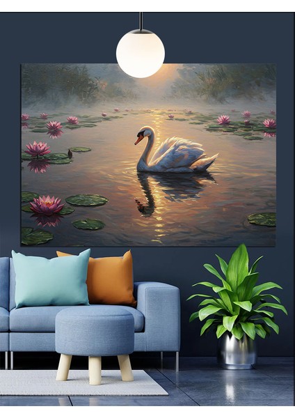 Gölde Yüzen Beyaz Kuğu Dekoratif Kanvas - Mdf Ahşap Tablo modelleri