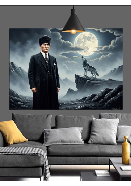 Ay Işığında Kurt ve Atatürk Dekoratif Kanvas - Mdf Ahşap Tablo