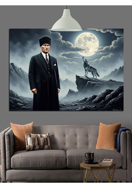 Ay Işığında Kurt ve Atatürk Dekoratif Kanvas - Mdf Ahşap Tablo fiyatları