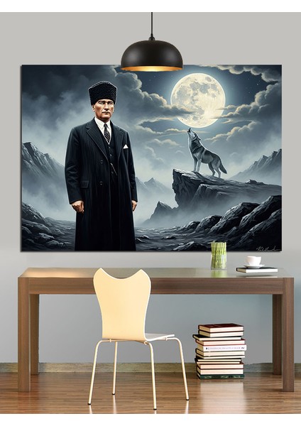 Ay Işığında Kurt ve Atatürk Dekoratif Kanvas - Mdf Ahşap Tablo modelleri