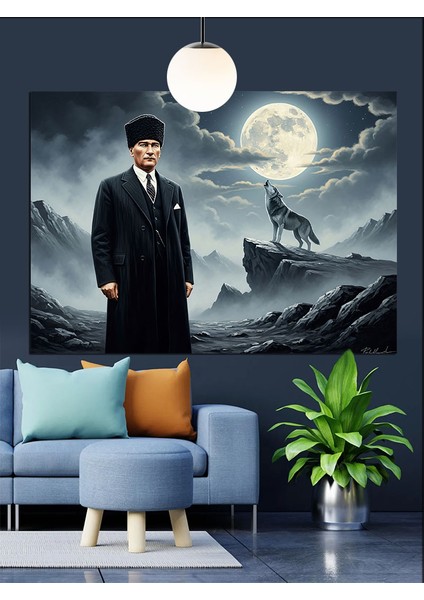 Ay Işığında Kurt ve Atatürk Dekoratif Kanvas - Mdf Ahşap Tablo fırsatları